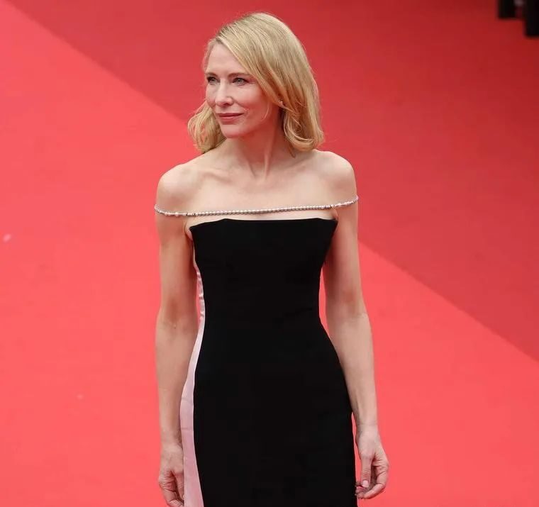 Cate Blanchett wore a custom Louis Vuitton pearl shoulder chain to the premiere of "The Apprentice" at the 2024 Cannes Film Festival.