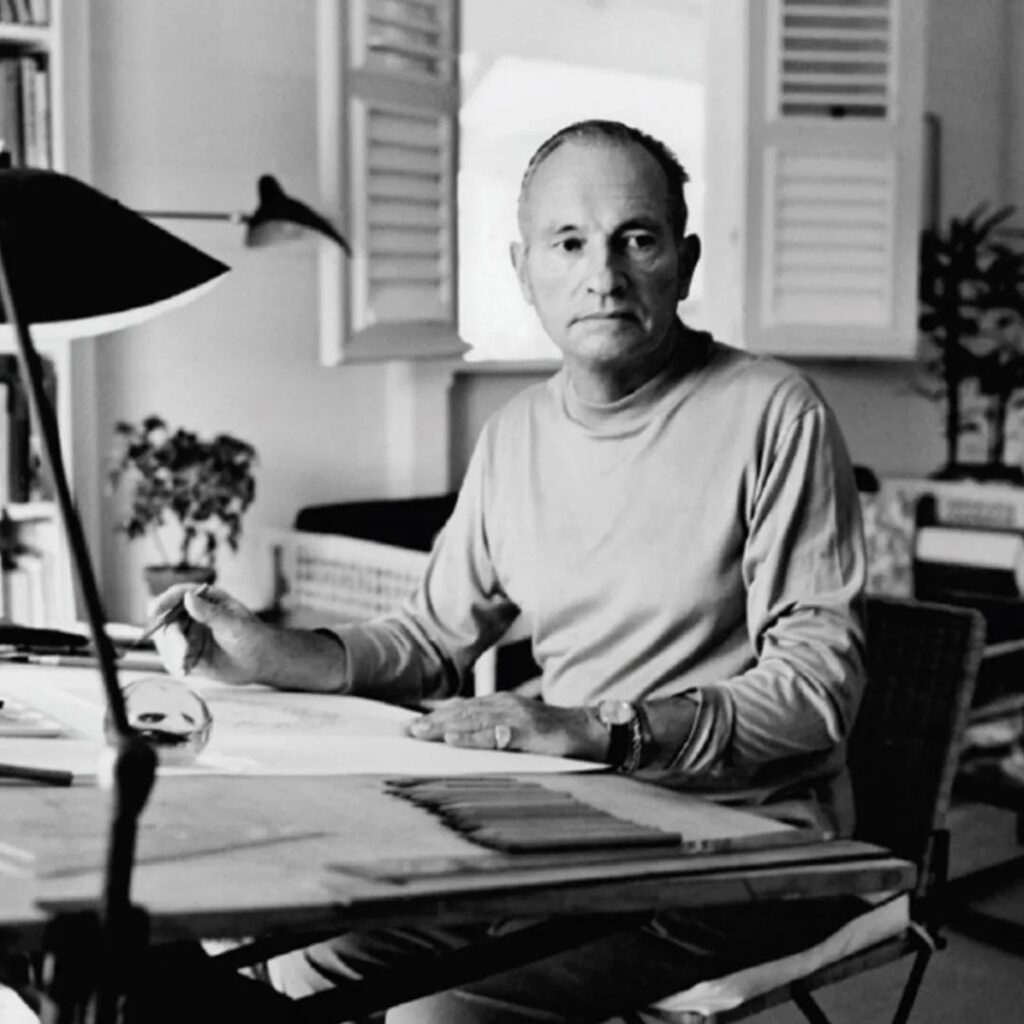 Jean Schlumberger at his drawing board on Guadeloupe Island