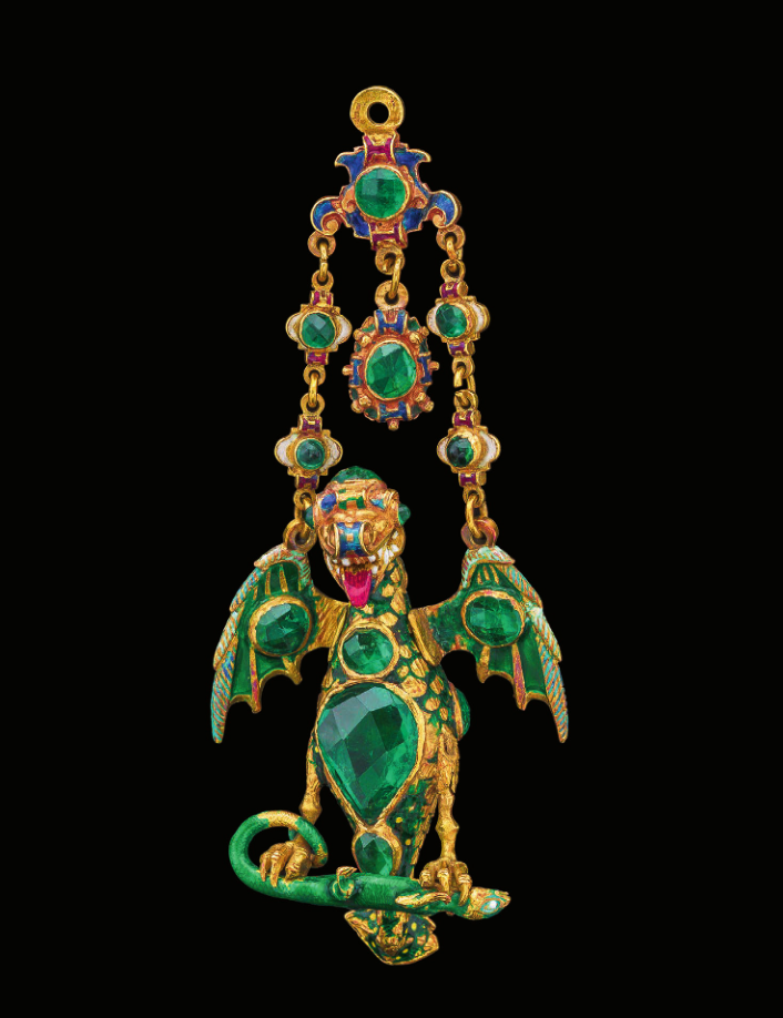 A Renaissance Winged Dragon Pendant, late 16th century, Colombian emerald, enamel, and gold, from a private collection