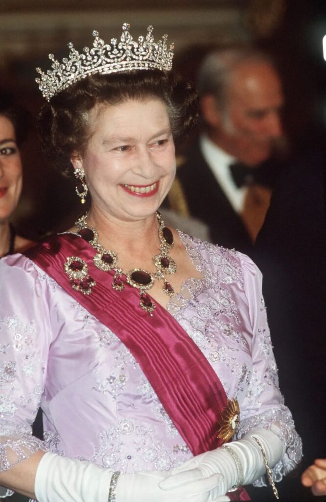 Queen Elizabeth II wearing the Kent Amethyst Parure