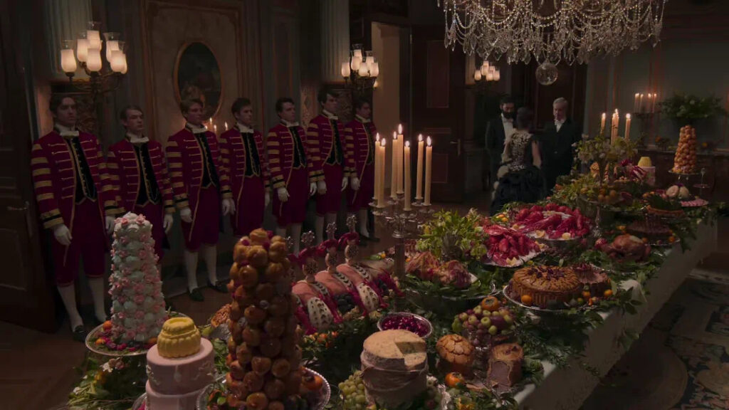 The Russell home is styled after the French Palace of Versailles, with servants dressed in elaborate livery coats