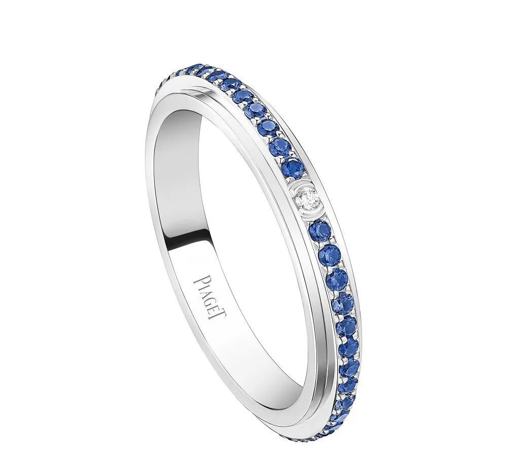 Possession White Gold Ring, by Piaget
Set with 46 brilliant-cut sapphires totaling 0.41ct and 1 brilliant-cut diamond of 0.01ct.