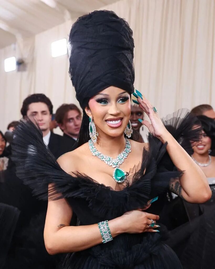 Cardi B wearing Kamyen Jewelry emerald jewelry