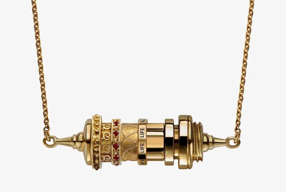 Maya Gemstones Prayer Wheel Gold Pendant Necklace