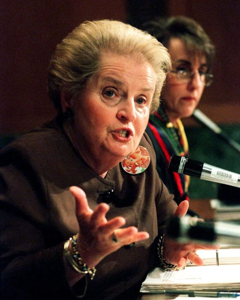 Madeleine K. Albright wearing a Chinese dragon brooch