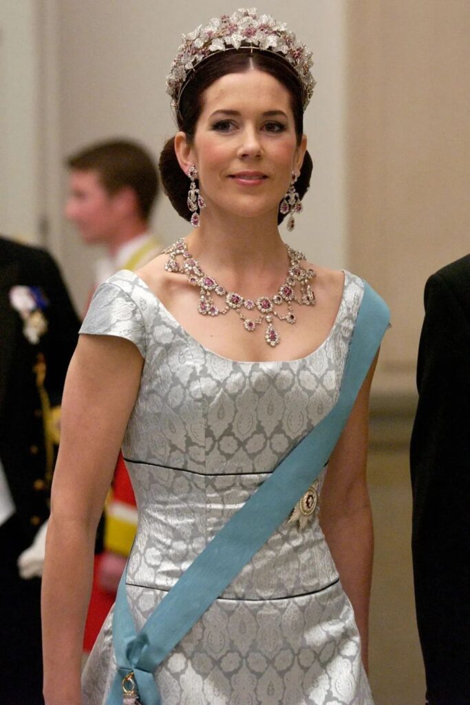 Queen Margrethe II of Denmark wearing the Danish Ruby Parure Tiara