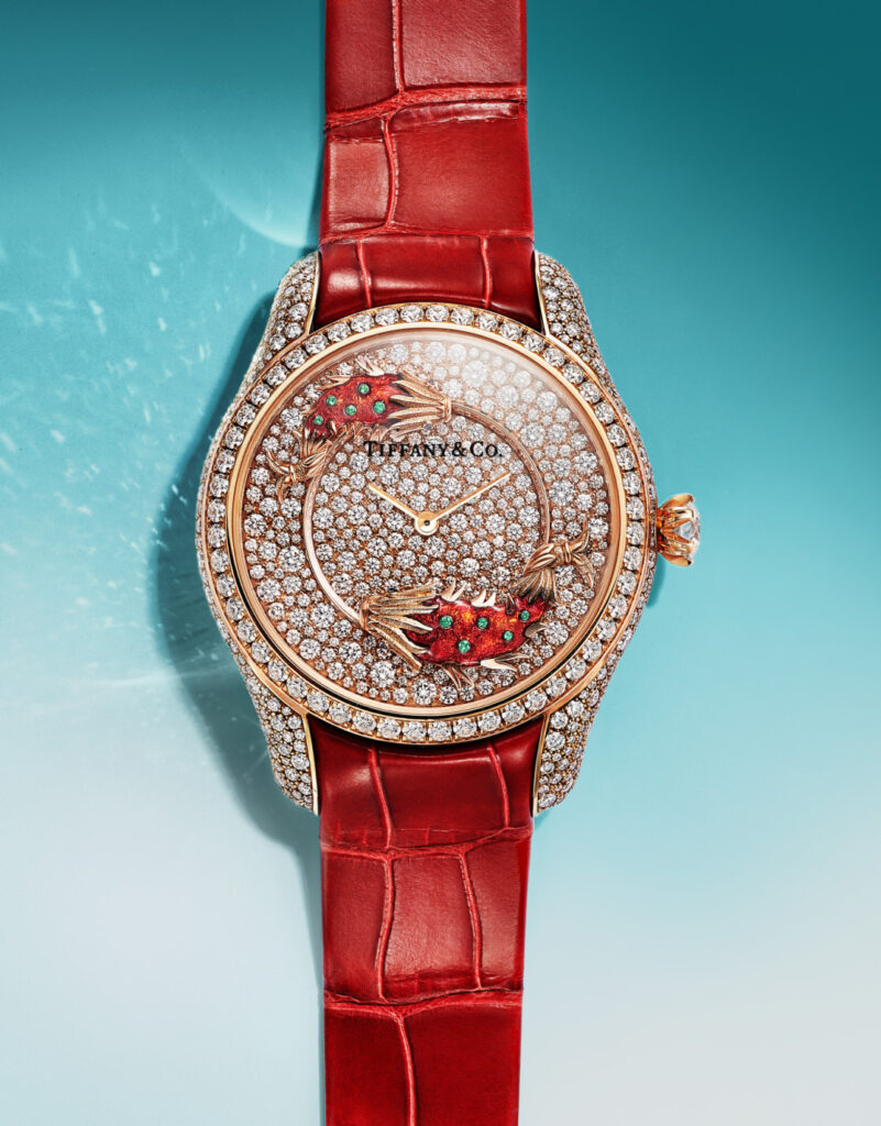 Jean Schlumberger by Tiffany "Fish" 39mm watch, 18K rose gold set with diamonds, emeralds, and enamel