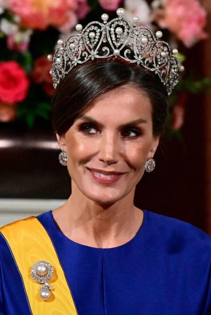 Queen Letizia of Spain wearing the Pearl Diamond Loop Tiara