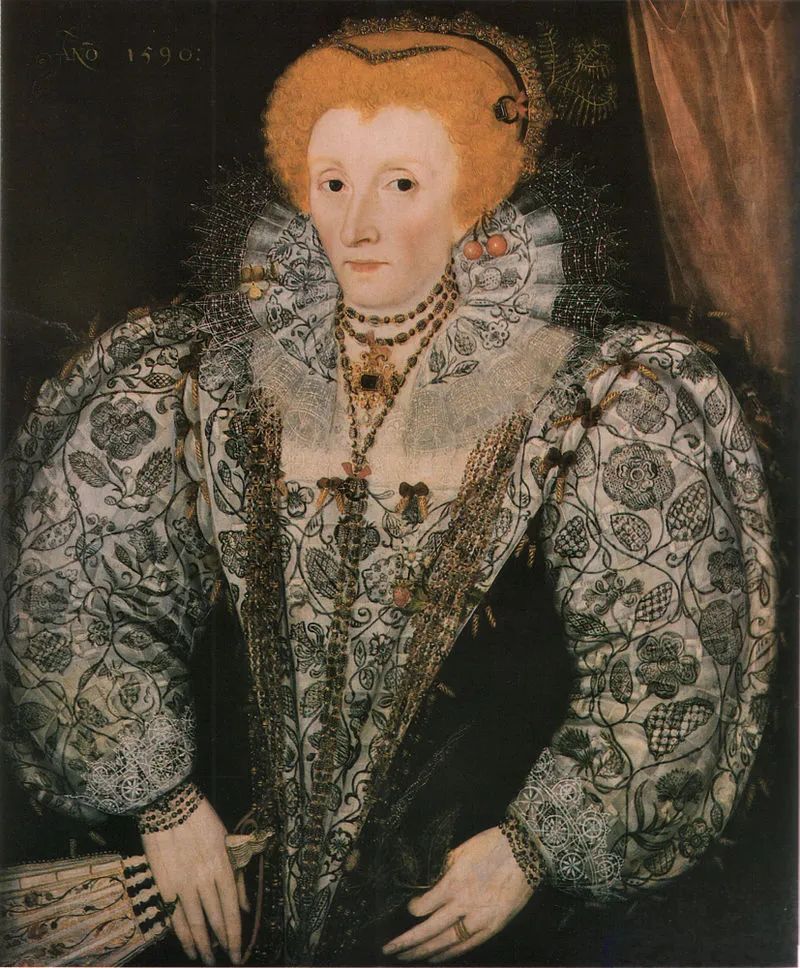 Portrait of Elizabeth I wearing a black embroidered gown,
Unknown artist, 1590, Jesus College, Oxford University