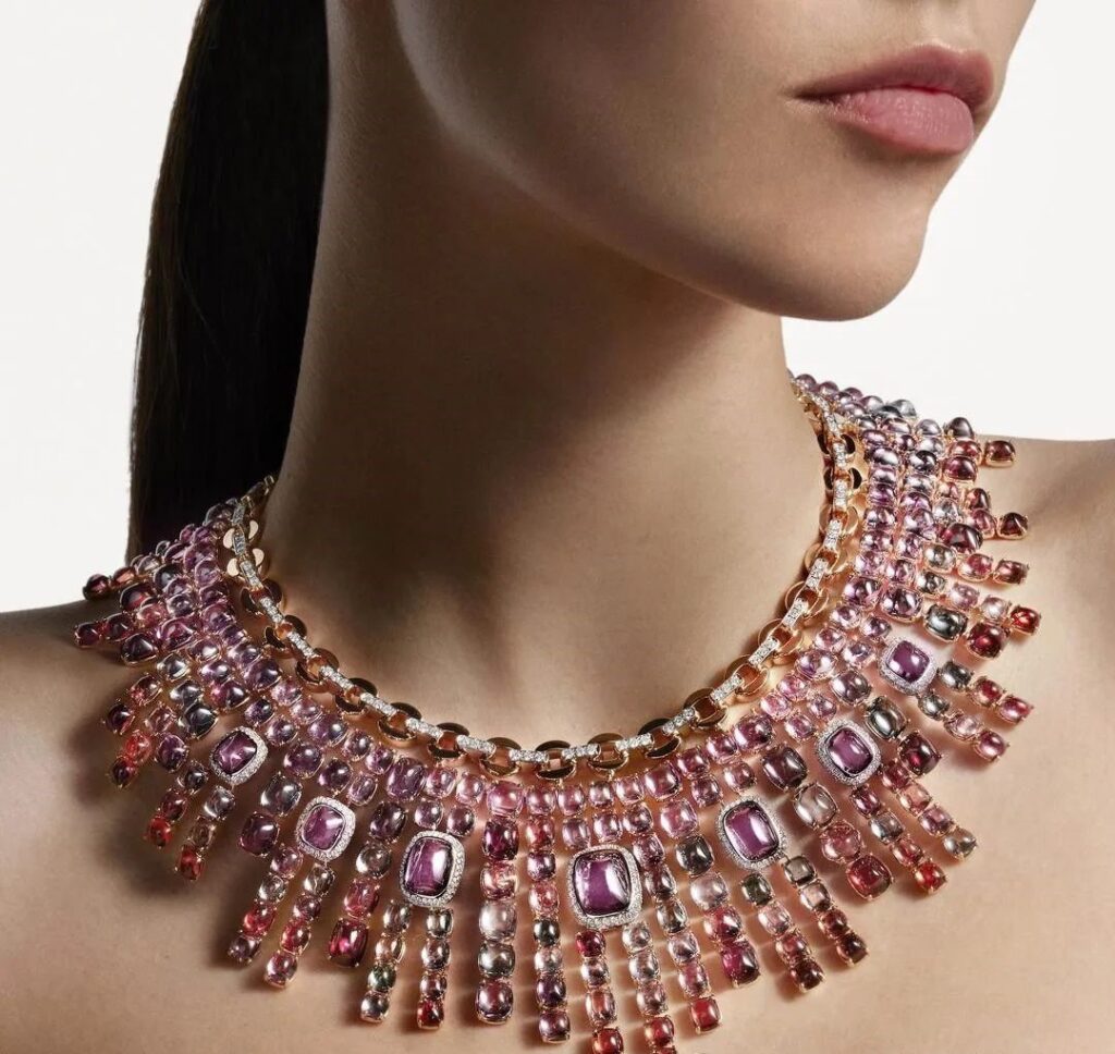 The Spinelli di Fuoco necklace from Pomellato's 2024 high jewelry collection "The Dualism of Milan" features 238 vibrant spinels in various colors.