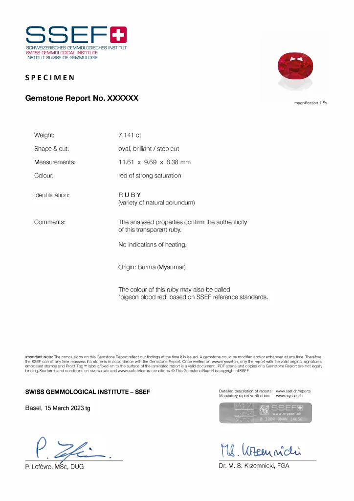 Burmese ruby identification certificate
Swiss Gemmological Institute (SSEF)