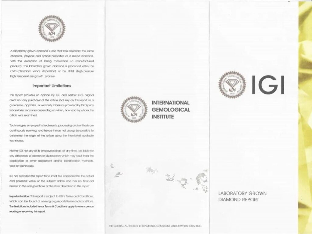 IGI International Gemological Institute
Lab-grown diamond grading certificate