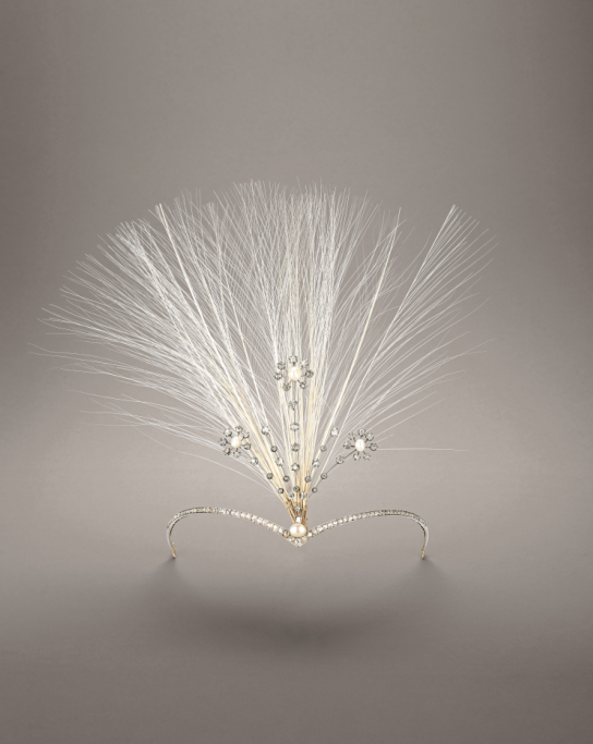 Chaumet white heron feather tiara in the style of Mary, Queen of Scots