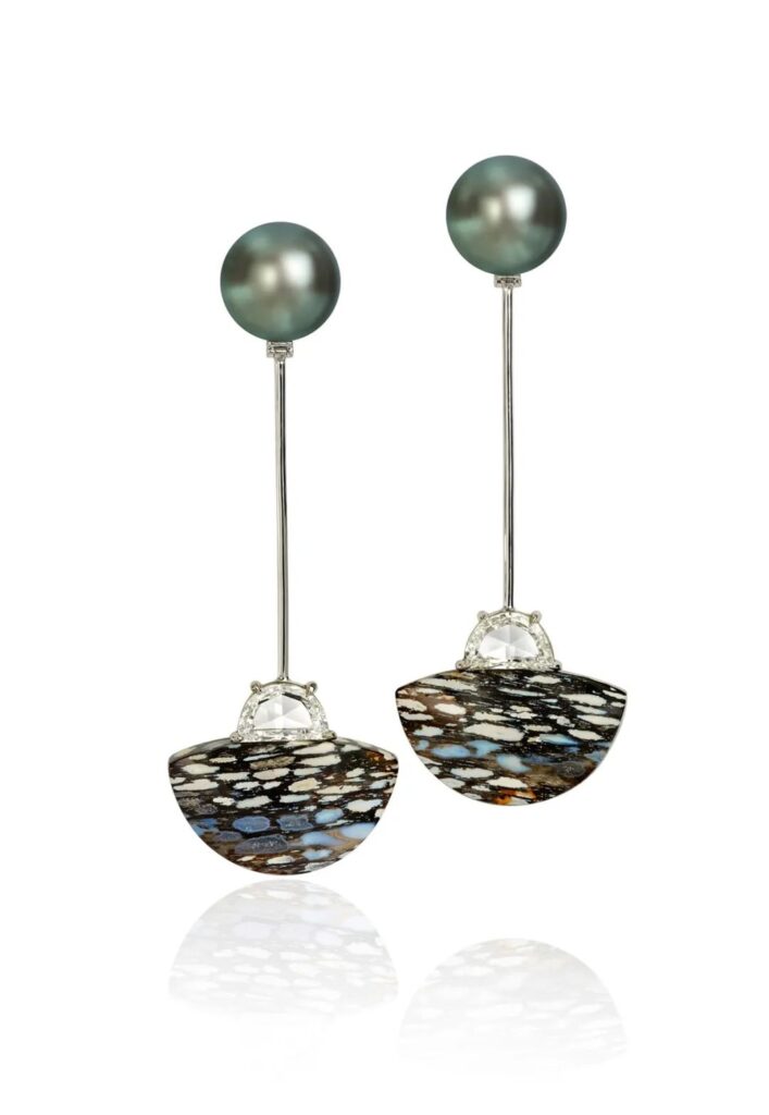 Assael Tahitian Long Earrings
Platinum, half-moon diamonds, spotted petrified wood