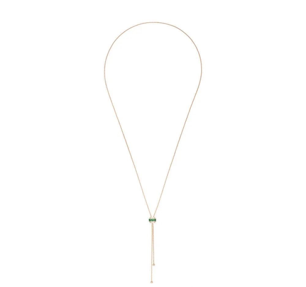 Possession Rose Gold Pendant Necklace, by Piaget
Set with 48 brilliant-cut emeralds totaling 0.16ct and 30 brilliant-cut diamonds totaling 0.63ct.