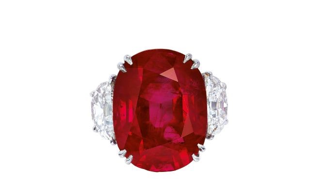 Ruby and Diamond Ring
HARRY WINSTON
Cushion-shaped ruby, approximately 22.86 carats
Burmese origin, no heat treatment
Flanked by half-moon shaped diamonds
Estimate: CHF 2,000,000 - CHF 3,000,000
Sold for: CHF 7,198,500
May 2019, Geneva