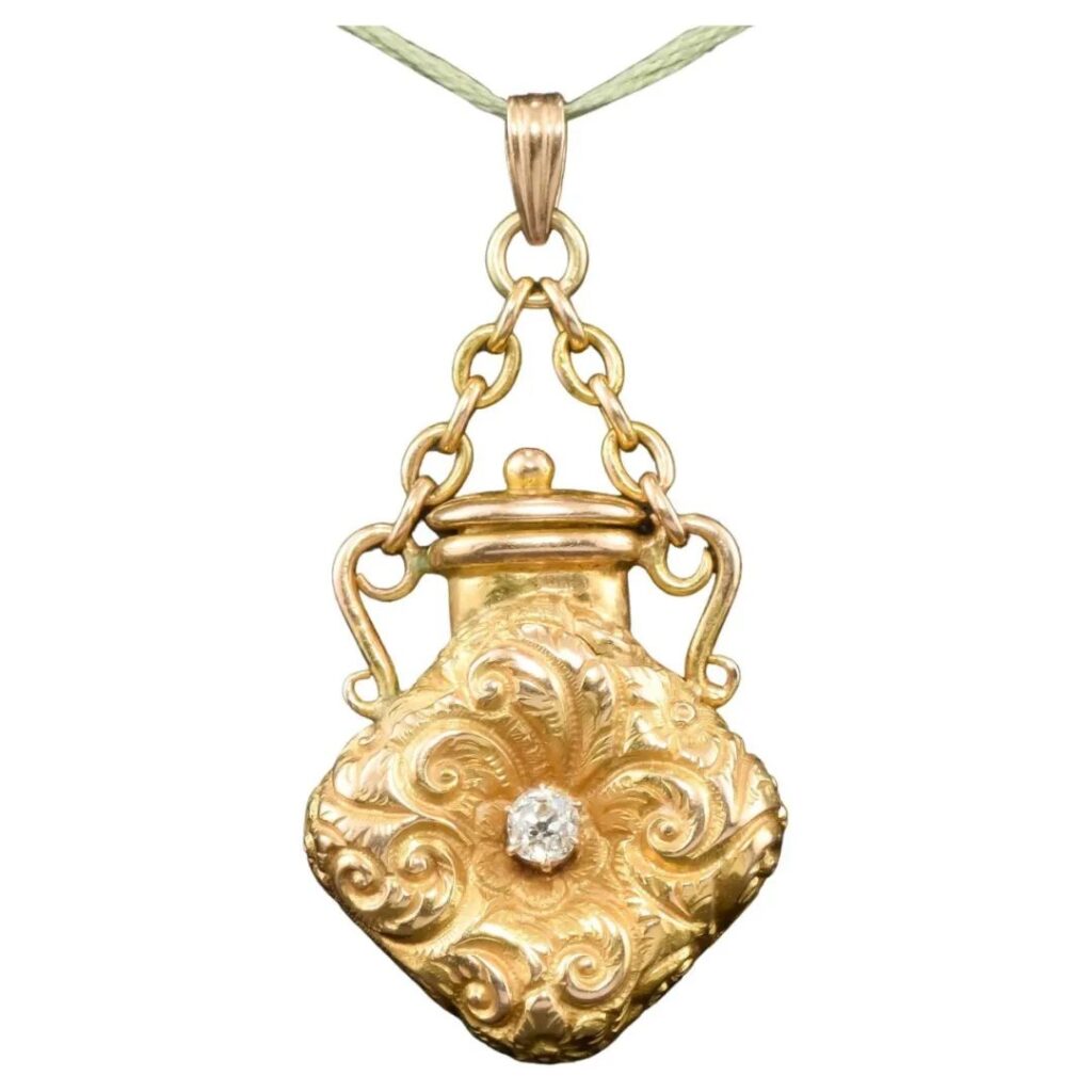 Victorian 14K gold diamond-encrusted perfume pendant