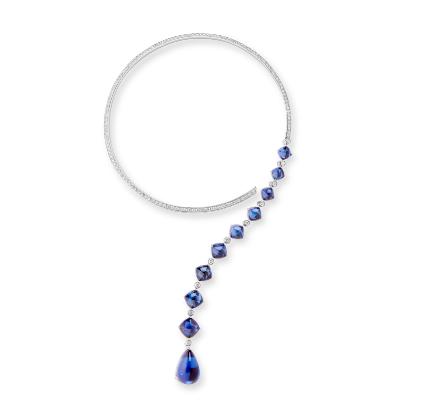 Goutte Question Mark Necklace
Made of white gold, set with 9 sugar-loaf cut tanzanites and
1 pear-shaped tanzanite (total weight 56.46 carats) and
crystal, paved with diamonds