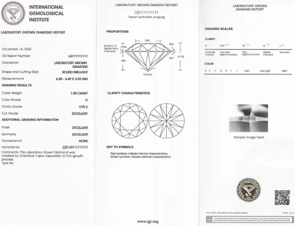 IGI International Gemological Institute
Lab-grown diamond grading certificate