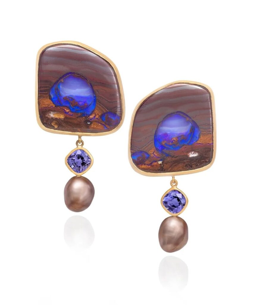 Assael Baroque Pearl Earrings
22K yellow gold, pebble opal, Fiji baroque pearls, tanzanite