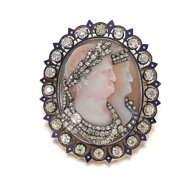 Sotheby's Geneva auction:
Diamond, enamel, and carved chalcedony brooch, sold for 52,500 Swiss francs