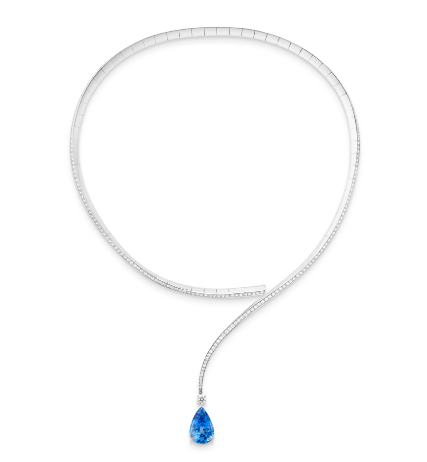 Eternity Question Mark Necklace
Made of white gold, set with a 12-carat pear-cut Ceylon sapphire, paved with diamonds
This necklace adheres to Boucheron's concept of versatile jewelry, offering multiple ways of wearing