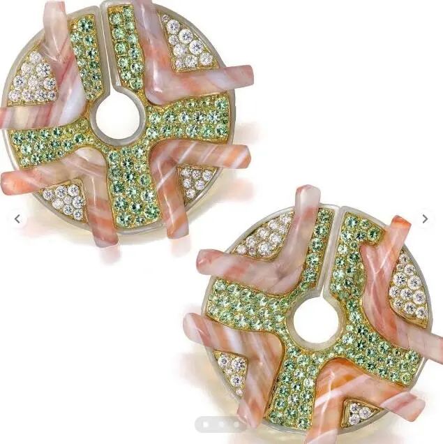 Nicholas Varney Earrings
Mother-of-pearl, diamonds, agate, chalcedony, demantoid garnet