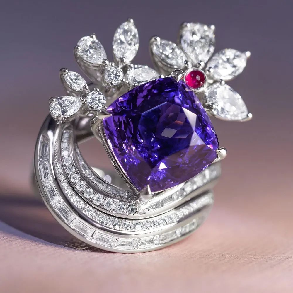 Gübelin Ornament of Flowers color-change spinel, ruby, and diamond cocktail ring