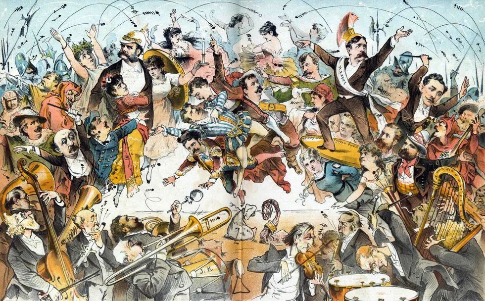 Joseph Keppler created this cartoon in 1883, inspired by the opera house dispute of the time