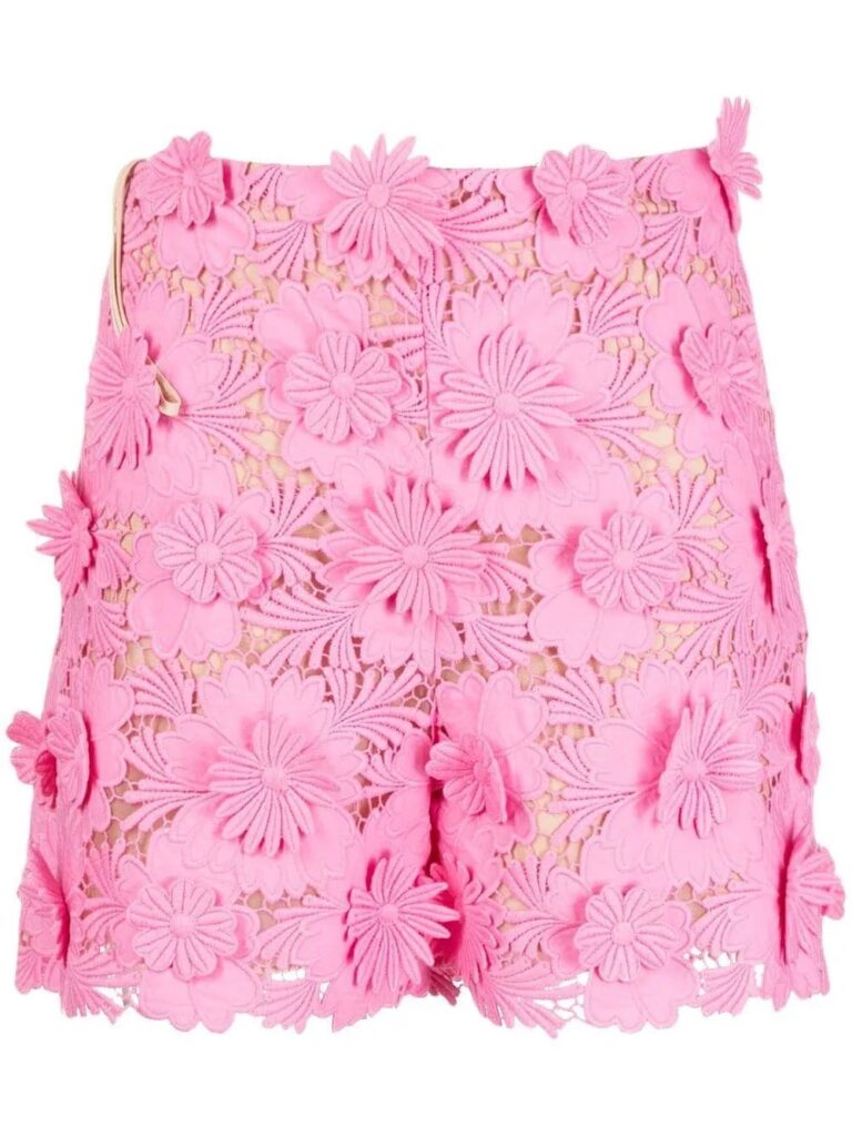 Oscar de la Renta Pink Floral Lace High-Waisted Shorts