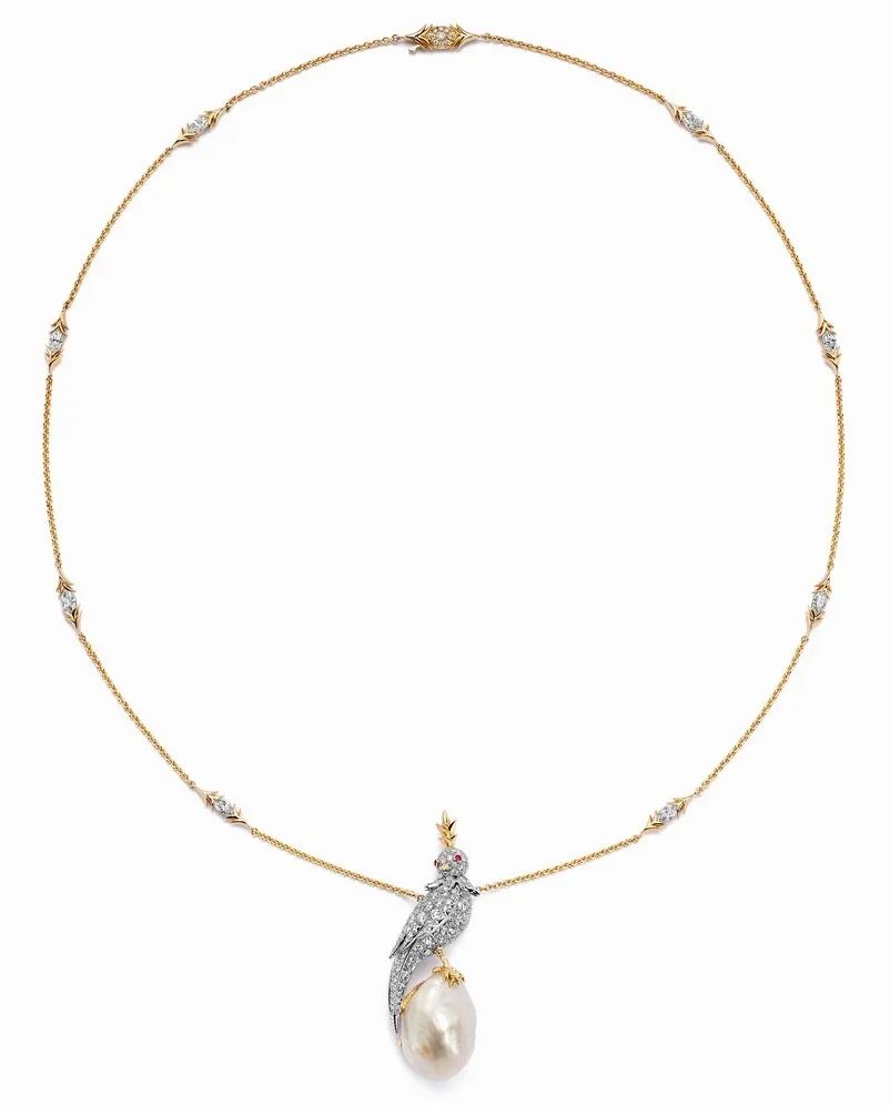 Tiffany & Co. Bird on a Pearl Collection
Platinum, 18K gold, diamond, and baroque pearl necklace