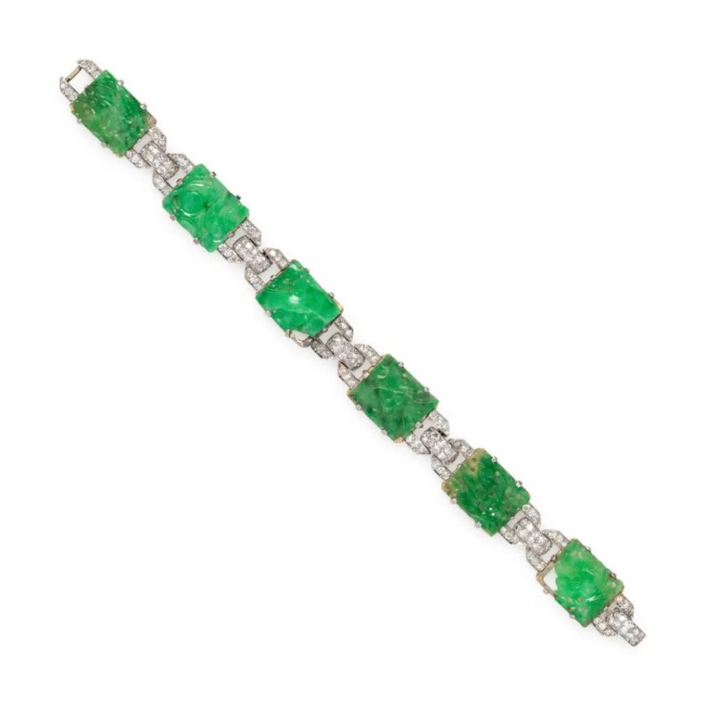 Lacloche Frères jadeite carving, diamond bracelet