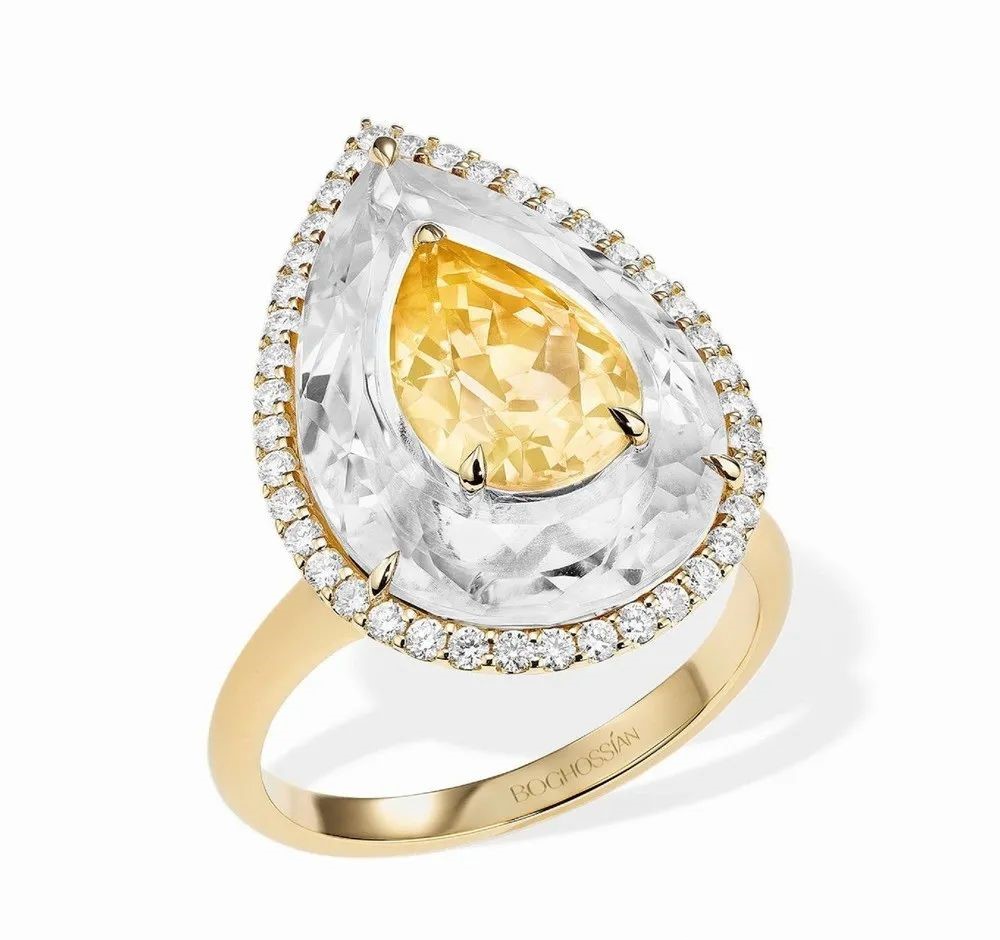 Inlay Shine Gold Ring, by Boghossian.
Set with one 1.45ct pear-cut citrine, one 7.05ct pear-cut crystal, and round brilliant-cut diamonds.