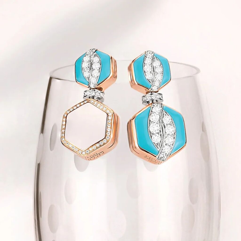 Picchiotti's reversible earrings, set with turquoise, mother-of-pearl, and diamonds.