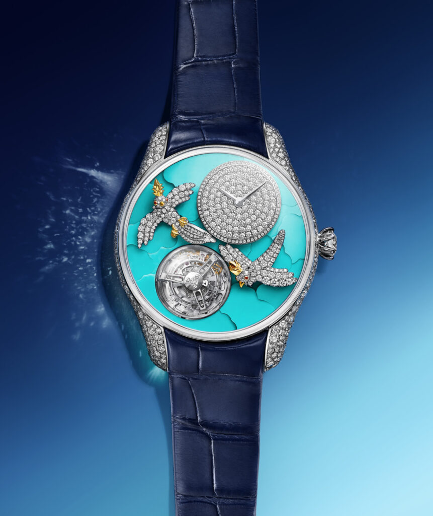 Jean Schlumberger by Tiffany Bird on a Flying Tourbillon 39mm watch, 18K white gold set with diamonds and turquoise