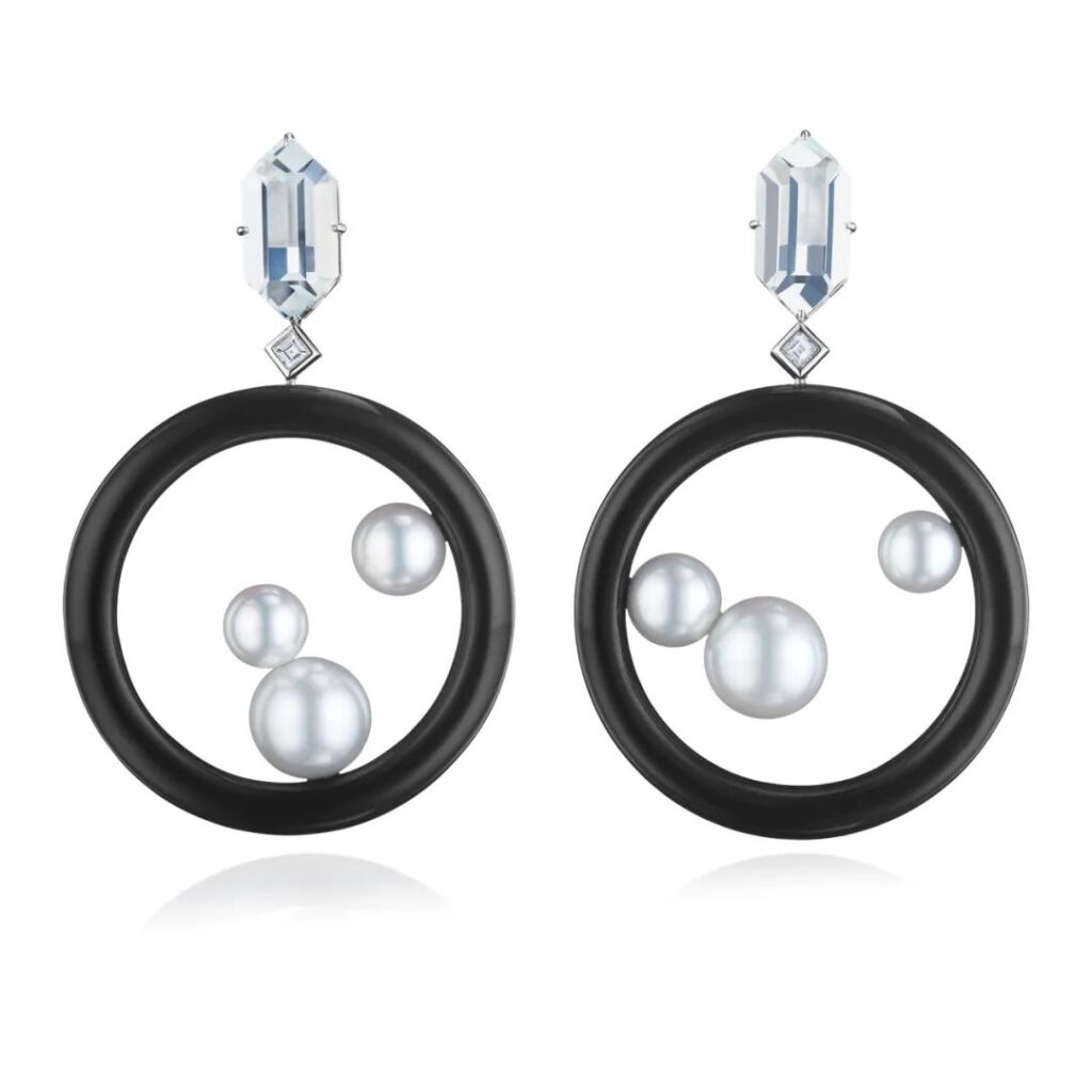 Sean Gilson x Assael Collaboration Earrings
Platinum, diamonds, green beryl, black jade, South Sea pearls