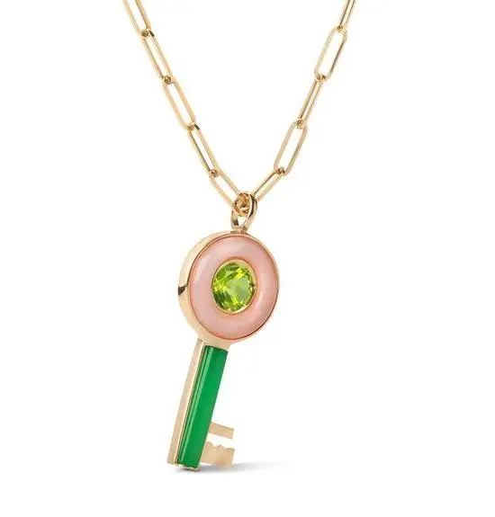 Sophie Joanne "Bubble Key" necklace: 14K gold, pink opal, green chalcedony, peridot