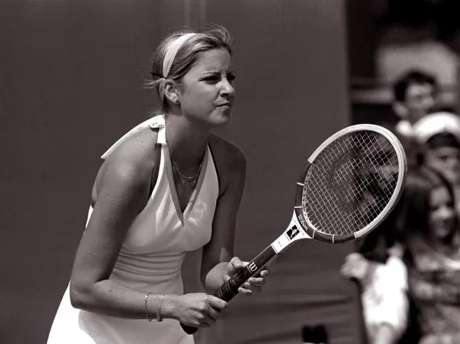 Chris Evert wearing a diamond tennis bracelet during the 1975 Wimbledon Tennis Championships