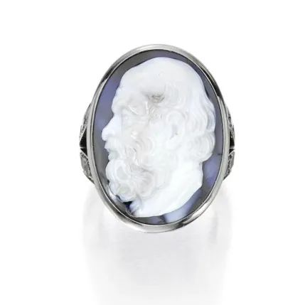 Sotheby's New York auction:
Hemmerle diamond and carved agate ring with Socrates profile, sold for $13,750