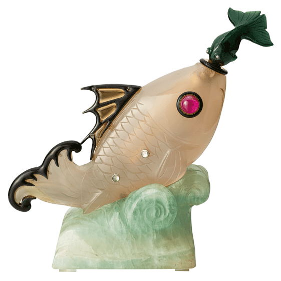 Cartier perfume bottle, 1925
Gold, platinum, enamel, agate, citrine, moonstone, jade
Ruby, diamond