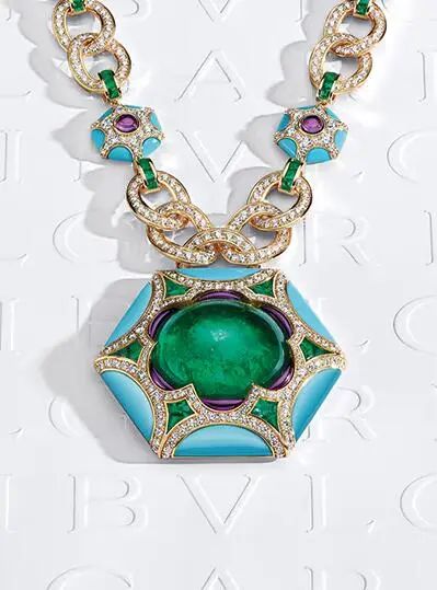 Bulgari
Mediterranea High Jewelry Collection
Roman Esedra Necklace
Emerald, amethyst, turquoise, enamel, diamonds