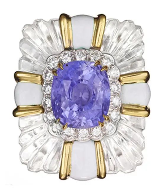 David Webb 
Marisa Berenson ring, 1969
Platinum, gold, sapphires, diamonds, carved crystal, enamel