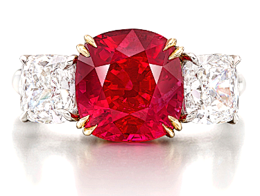 The Mogok's Pride
Natural Unheated Burmese Pigeon Blood Ruby and Diamond Ring
5.05 carats
April 4, 2023, Sotheby's Hong Kong
Estimate: 14,000,000 - 22,000,000 HKD
Sold for: 22,835,000 HKD