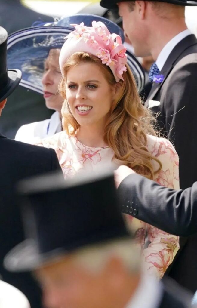 Princess Beatrice at Royal Ascot, styling with a floral hat.