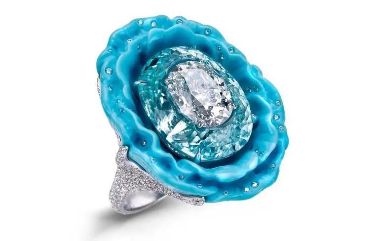 Boghossian Flower Ring
Hand-carved turquoise, Paraiba tourmaline, diamonds