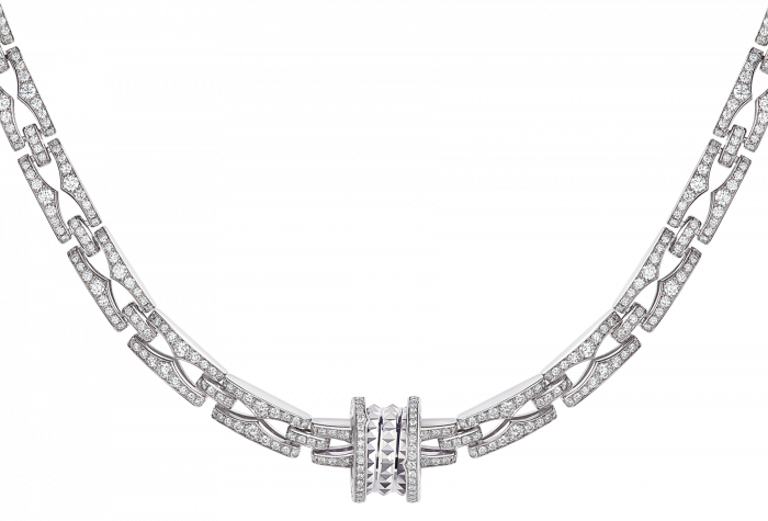 B.ZERO1 series pendant necklace, made of 18K white gold, adorned with pavé diamonds