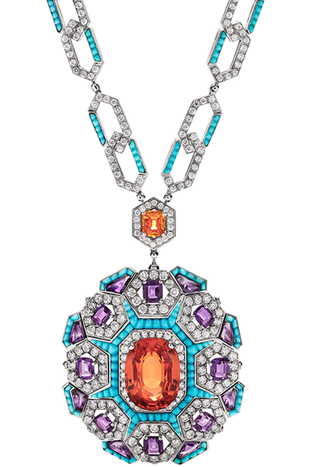 Bulgari
Cinemagia High Jewelry Collection
Night at the Casino Necklace
16.85-carat mandarin garnet, amethyst, turquoise, diamonds