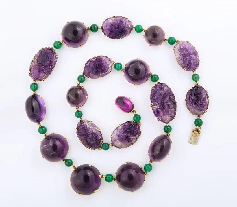 René Boivin cabochon amethyst necklace and bracelet, accented with chrysoprase beads, 1950s