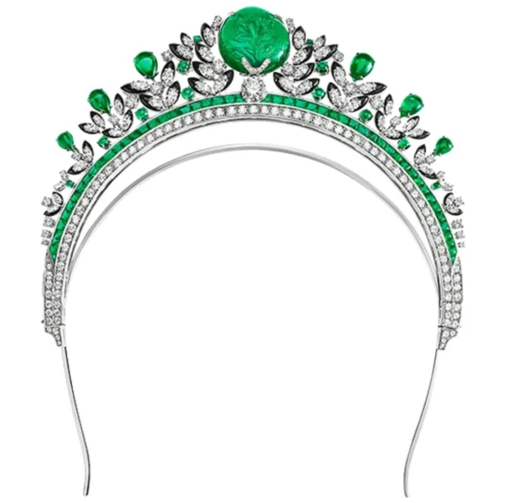 Bulgari Jubilee Emerald Garden tiara featuring a 63.44-carat carved Zambian emerald