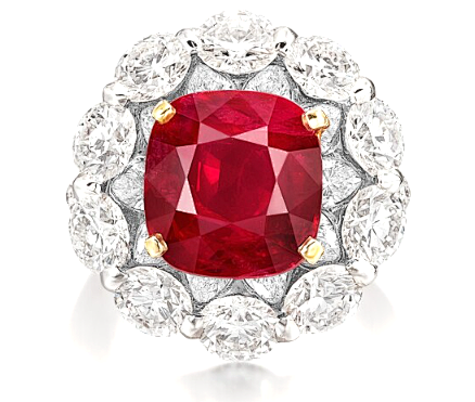 Natural Unheated Burmese Pigeon Blood Ruby and Diamond Ring
8.05 carats
April 4, 2023, Sotheby's Hong Kong
Estimate: 13,500,000 - 18,000,000 HKD
Sold for: 14,970,000 HKD